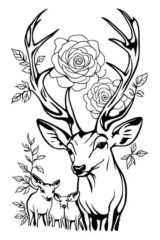 Mom deer and 2 baby deer with roses blooming tattoo design idea