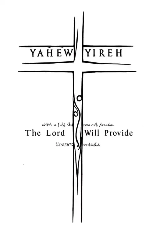 cross with the words YAHEW YIREH on top and The Lord Will Provide underneath  tattoo design idea