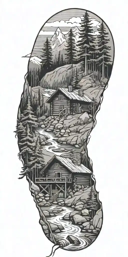 A detailed log cabin nestled in the mountains surrounded by pine trees and a flowing river with hiking trail. tattoo design idea