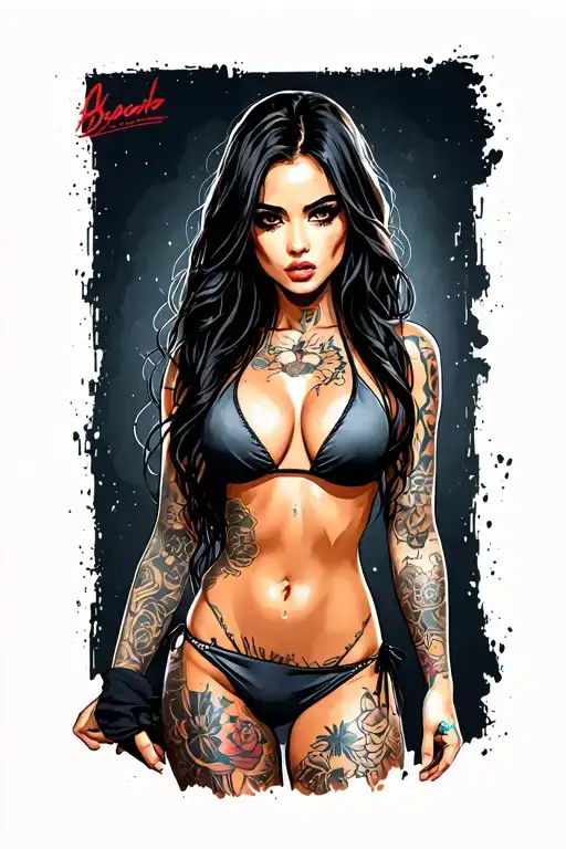 Sexy girl, petite, small boobs, wide hips, bikini . long hair,sexual. Seductive. Full Body, standing with legs and feet tattoo design idea