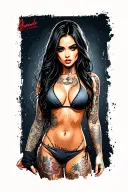 Sexy girl, petite, small boobs, wide hips, bikini . long hair,sexual. Seductive. Full Body, standing with legs and feet tattoo design idea