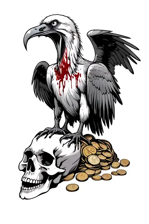 A  screaming vulture with blood-covered bald head, long tongue and bug spreaded wings sitting on skull with coins around tattoo design idea