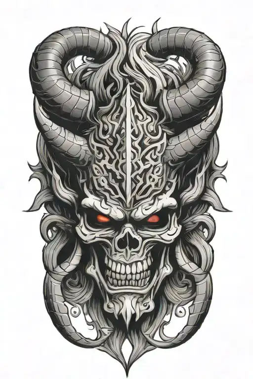 oni mask and skull with horns bahamut head tattoo design idea