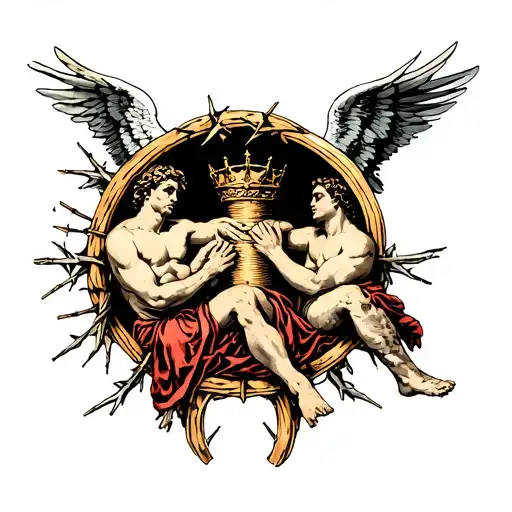 arc angel michael and arc angel raphael surrounding knee and crown of thorns on knee cap tattoo design idea