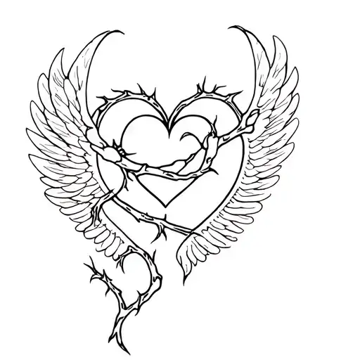Heart with rose thorns wrapping wings around yin tattoo design idea