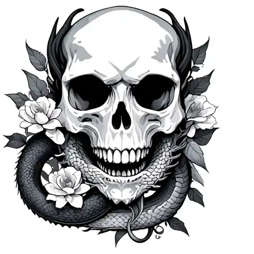 skull, dragon, snakes, flowers gothic  tattoo design idea