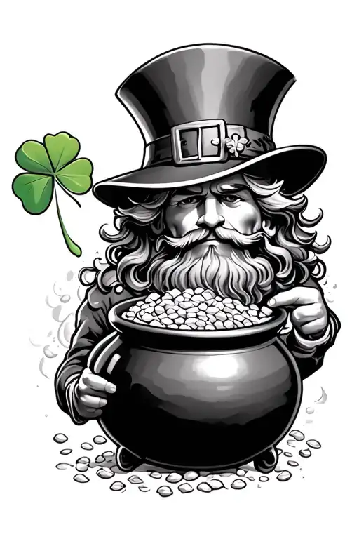 leprechaun with pot of gold and a big four leaf clover intertwined tattoo design idea