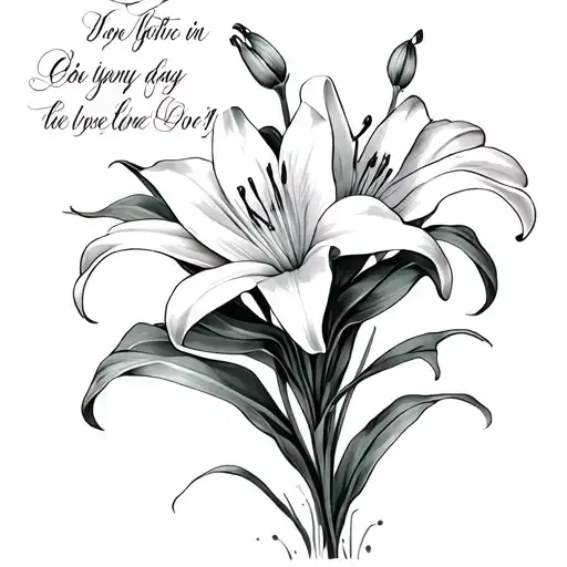 white lily flowers growing and fading away with a phrase in cursive writing  tattoo design idea