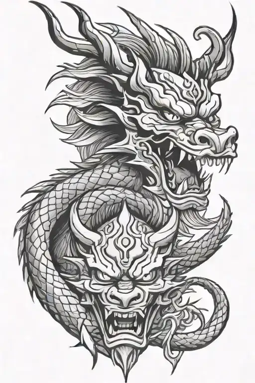 lightning dragon and oni mask tattoo design idea