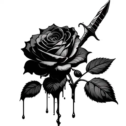black rose with stem dripping blood with a dagger at the end of the stem tattoo design idea