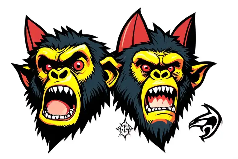 yellow angry ape head with red eyes and pointy ears tattoo design idea