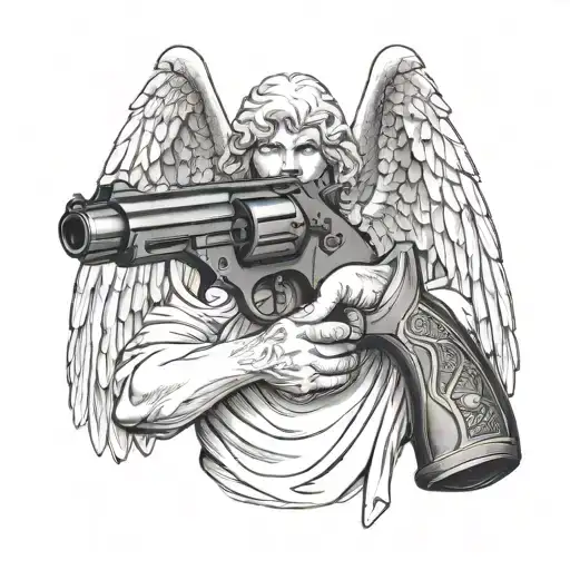 mighty angel holding a gun tattoo design idea