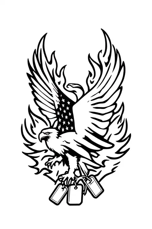 an eagle flying out of flames with the usa flag and dog tags in its talons   tattoo design idea