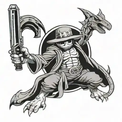 A mashup tattoo design featuring a One Piece character wielding a lightsaber from Star Wars, surrounded by dinosaur skeletons in a blackwork style tattoo design idea