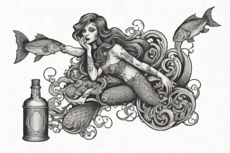 mermaid and canned sardines tattoo design idea