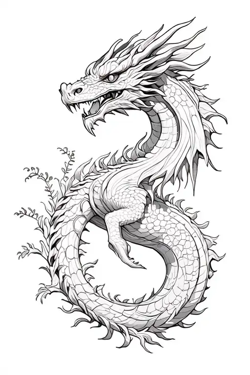 Earth Dragon (Chinese zodiac) made of wood,trees,plants tattoo design idea