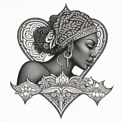 afrocentric tattoo with a heart for the back of the leg on dark skin  tattoo design idea
