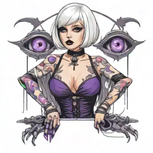 Sexy Petite Girl white short bob hairstyle, revealing clothes, big boobs, purple eyes, wide hips Slutty. gothic pin-up  tattoo design idea