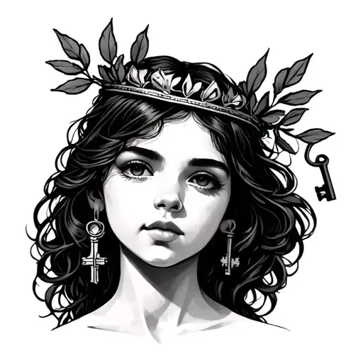 girl with laurel crown and key tattoo design idea