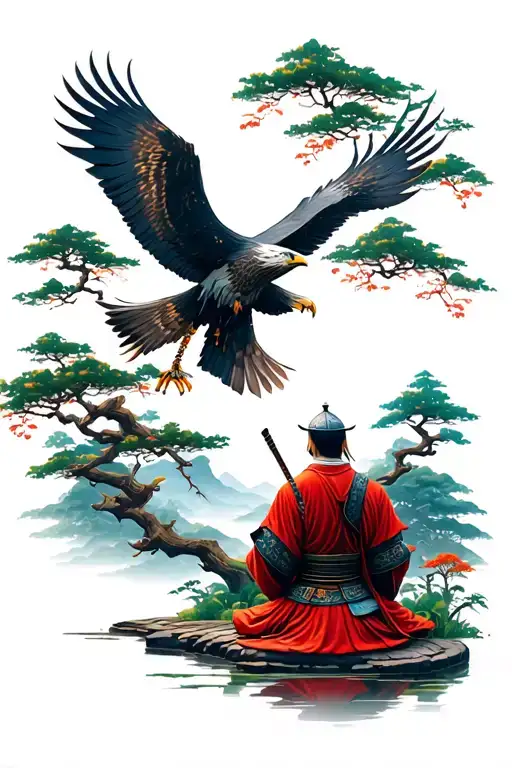 a samurai warrior sits in a Japanese garden watching the tree of life in the distance where an amazing eagle flying tattoo design idea