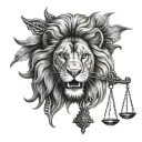 lion head biting scales of justice tattoo design idea