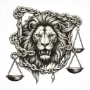 lion head biting scales of justice tattoo design idea