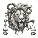 lion head biting scales of justice tattoo design idea