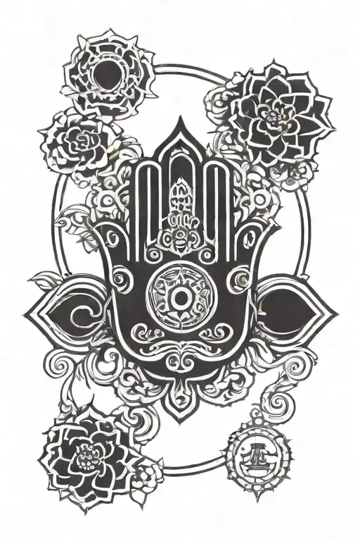 Deaign Hamsa Hand, with Buddha sitting in it, add Ying yang sign Behind the hand tattoo design idea