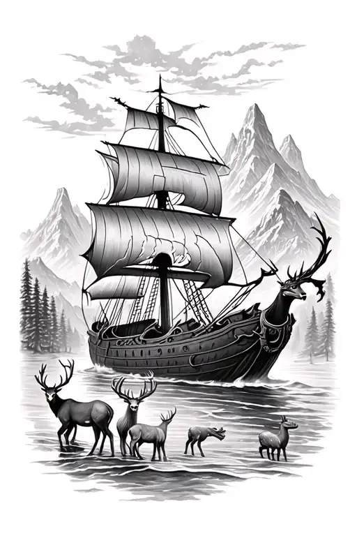 viking ship in a cove, forrest with a herd of deer, 1 stag 2 does and a fawn, mountains with a dragon. make it realistic tattoo design idea