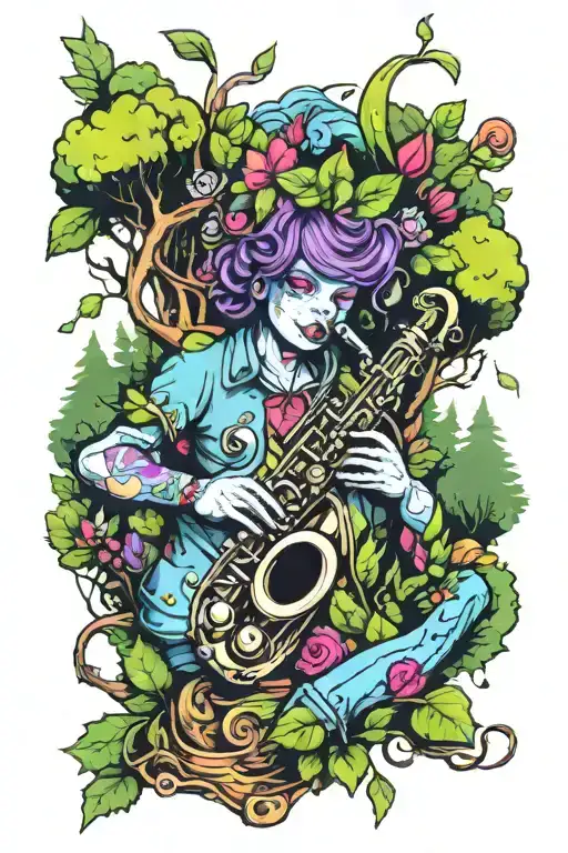 A new-school design of a mystical forest scene with a giant Bambori playing the clarinet, surrounded by colorful makeup products and nature elements tattoo design idea
