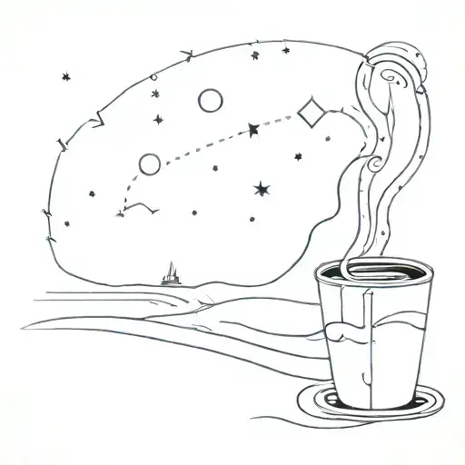 Abstract beach scene with coffee cups and a winding road symbolizing long drives, with the Gemini constellation subtly integrated tattoo design idea