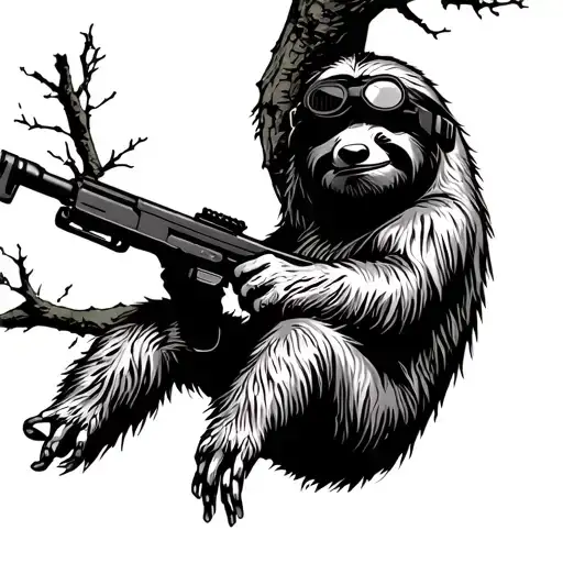 sloth hanging from a tree with night vision goggles and holding a rifle tattoo design idea