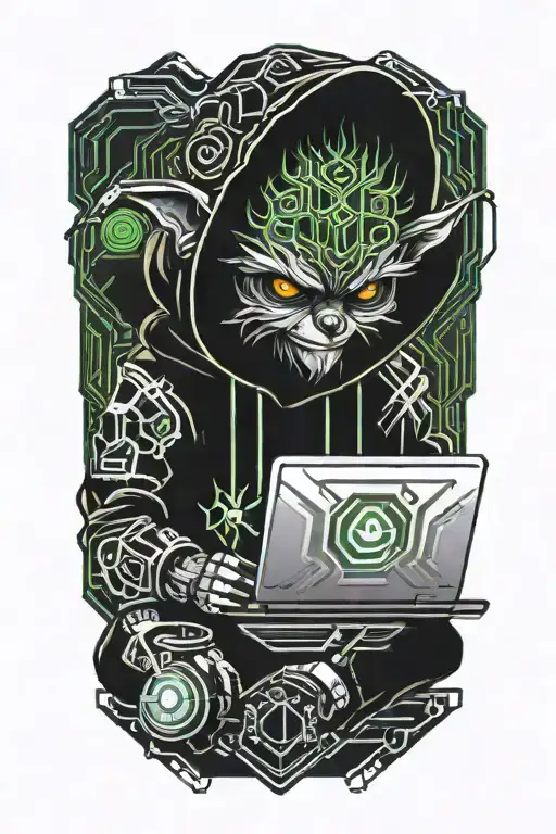 gremlin hacker wearing a hoodie using a laptop tattoo design idea