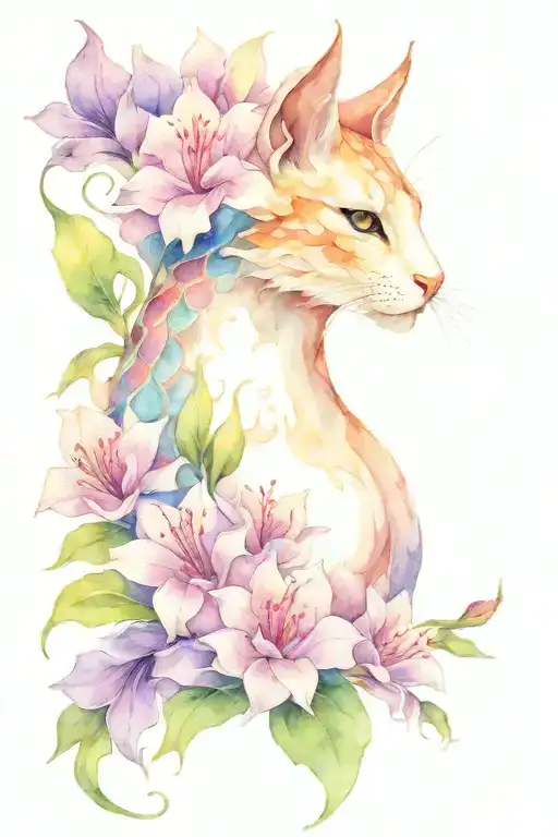 dragon cat flowers blooming tattoo design idea