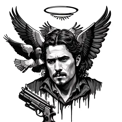 A portrait of Bigg with a halo above his head, surrounded by doves and guns as a tribute to his legacy tattoo design idea