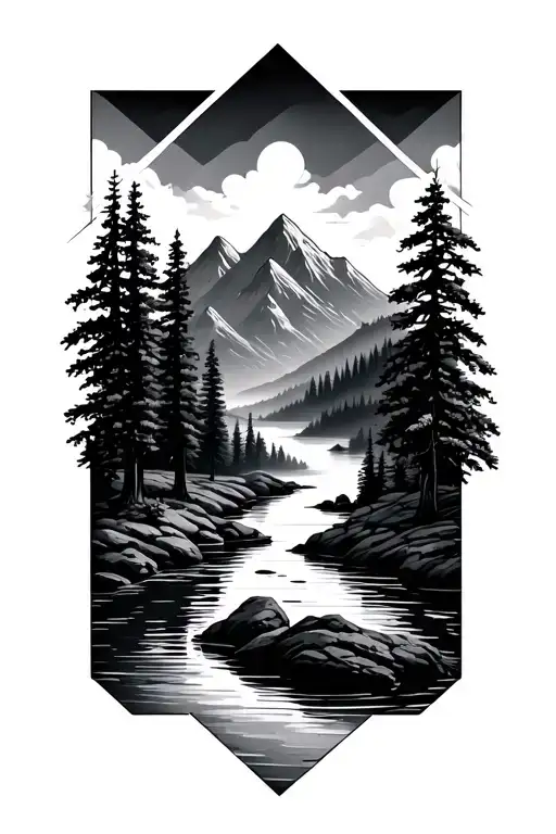 geometric river, trees with mountains in the background tattoo design idea