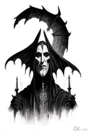 Demon Valak from the film Spell against the background of the church tattoo design idea