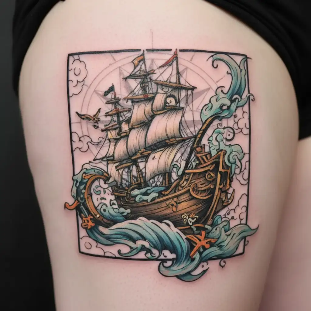 underwater shipwreck tattoo design idea