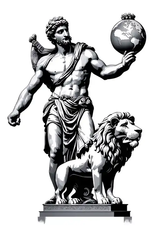 greek god holding world with lion statue on  bottom  tattoo design idea