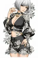 Sexy girl, Huge boobs, cleavage, petite, pure white eyes, lingerie, short white bob hairstyle, waist up view tattoo design idea