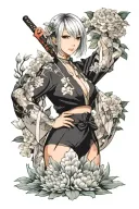 Sexy girl, Huge boobs, cleavage, petite, pure white eyes, lingerie, short white bob hairstyle, waist up view tattoo design idea