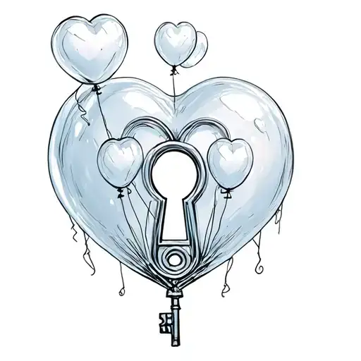 a bubble heart, recessed door, has a keyhole. an intricate key, strings, four balloons Jeffrey, Jeremy, Alicia, Samuel  tattoo design idea