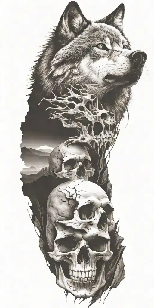 wolf and mountains and skull  tattoo design idea