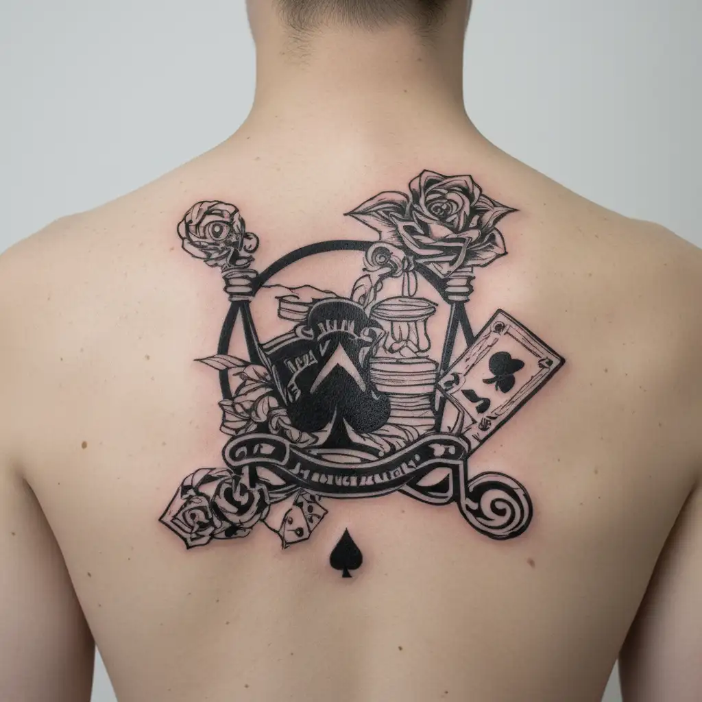 A tattoo design featuring a deck of playing cards intertwined with legal scales, symbolizing the balance of justice and luck in the lawyer's profession tattoo design idea