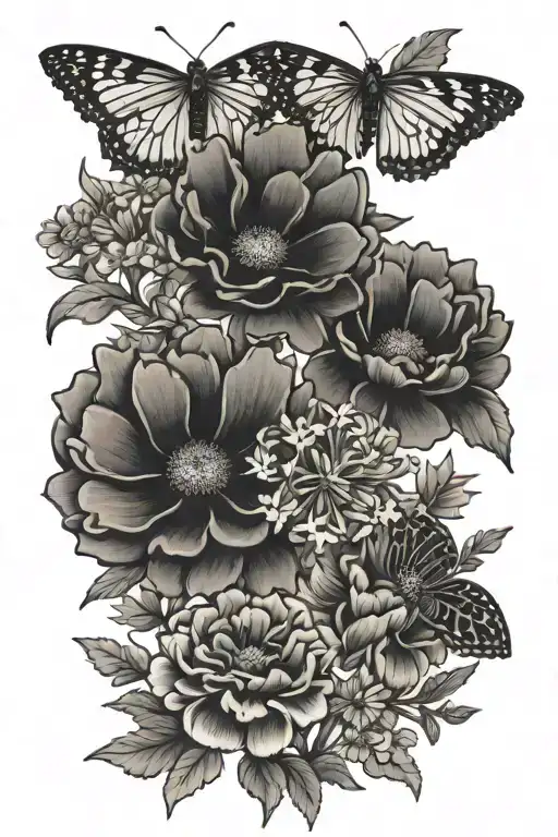 marigolds, bluebonnets, butterflies and cosmos tattoo design idea