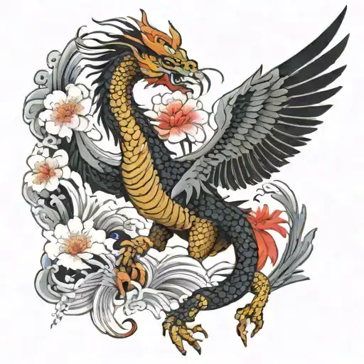 dragon and crane and phoenix  tattoo design idea