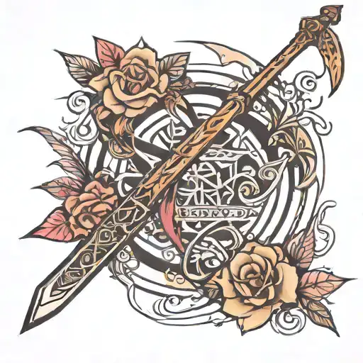 a bow and arrow, a long katana, and a wooden cane tattoo design idea