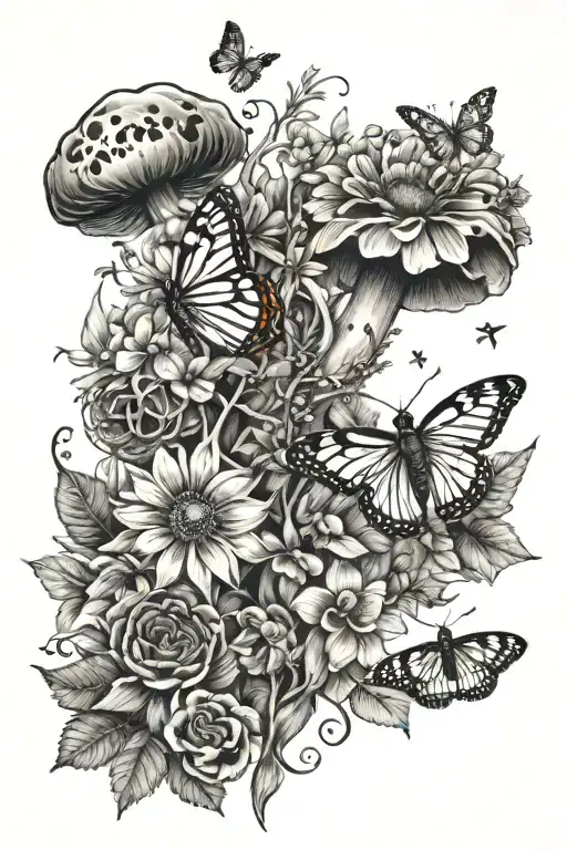 Create a full arm tatto inspired by autum, with flowers, mushrooms, bees, butterflies, foxes and humingbirds. Also inclu tattoo design idea
