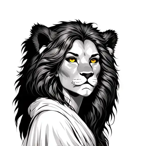 lion head behind woman. Woman is wearing a white robe. Lion has golden eyes.  tattoo design idea