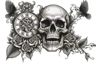 Skull created using flowers Mouth open with souls in a line going in. Skull is held by a clock work owl  tattoo design idea